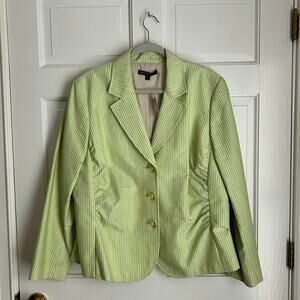 NWT Lafayette 148 Green Cotton Linen Seersucker Stripe Pleated Blazer Size 18